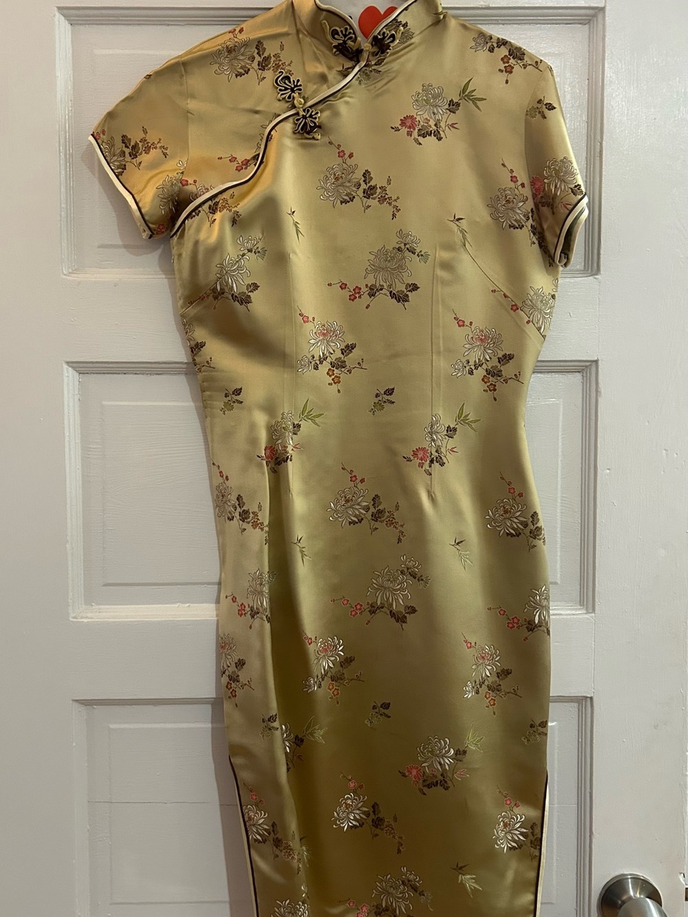 Vintage Gold Floral Satin Cheongsam Midi Dress